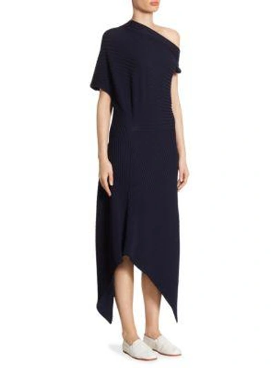 Shop The Row Jiana One-shoulder Wool Midi Dress In Dark Navy