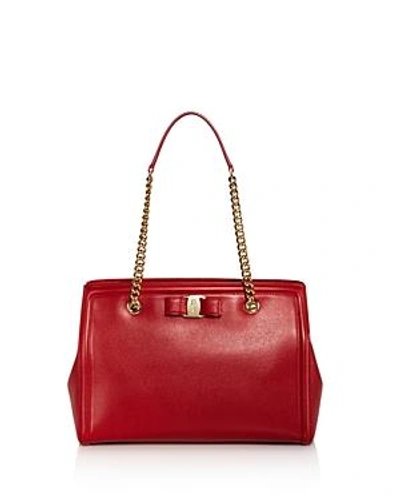 Shop Ferragamo Melike Leather Tote In Lipstick Red/gold