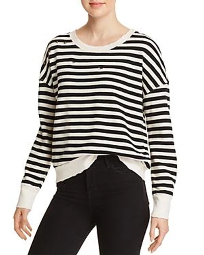 Shop Splendid Embellished Striped Cropped Sweatshirt In Black/off White