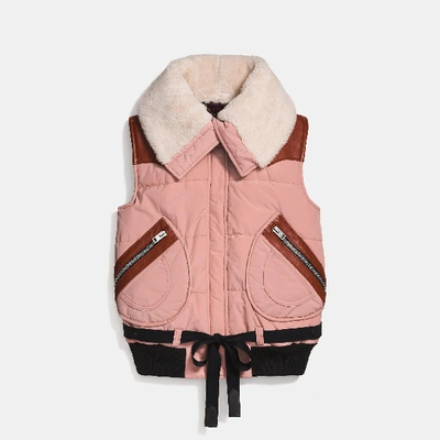 Shop Coach Puffer Vest With Shearling In Dusty Pink