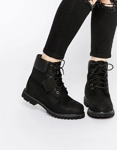 Shop Timberland 6 Inch Premium Lace Up Flat Boots In Black