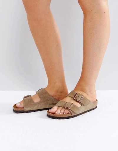 Birkenstock Arizona Taupe Suede Narrow Fit Flat Sandals - Stone | ModeSens