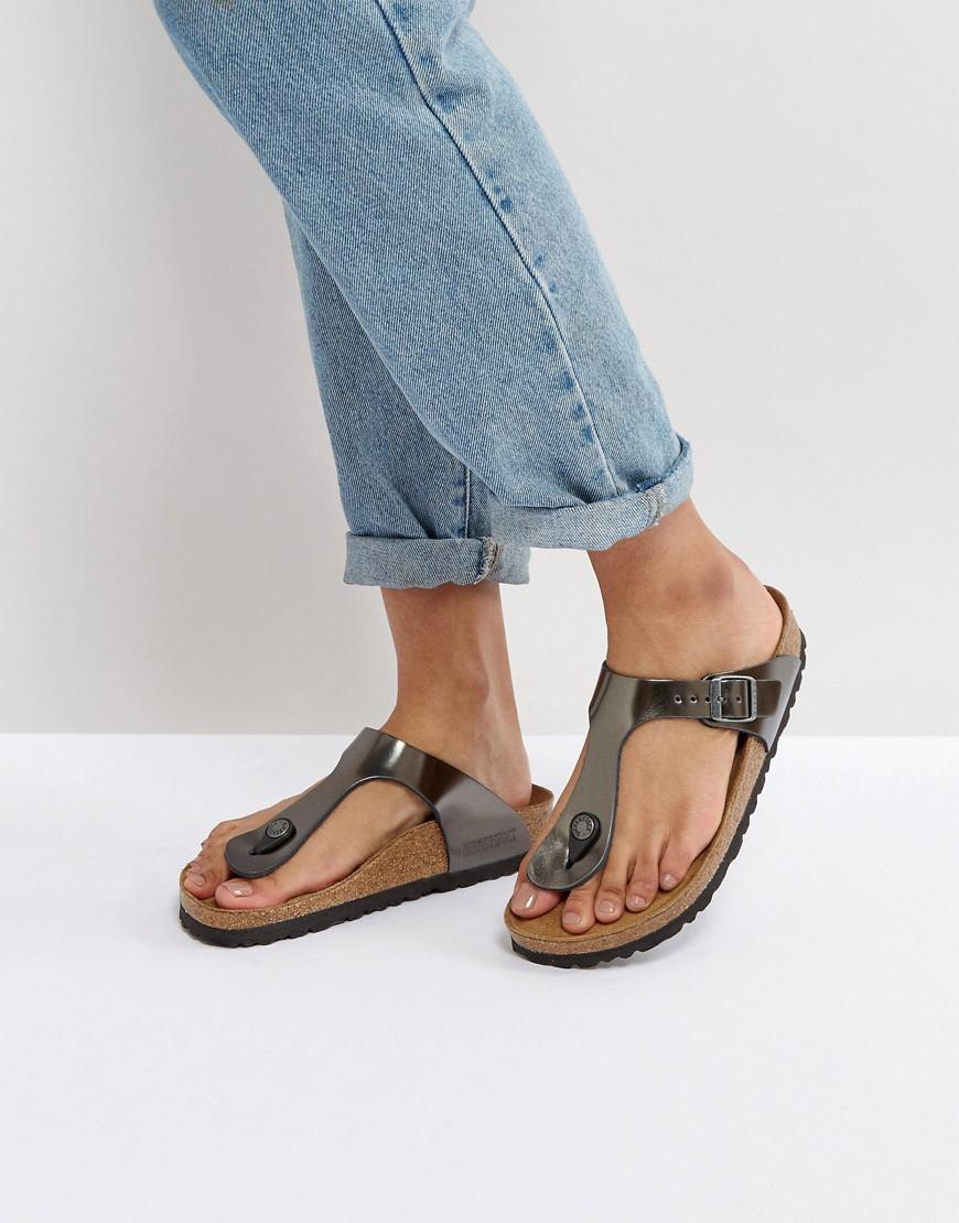 Birkenstock Gizeh Metallic Anthracite Leather Narrow Fit Flat Sandals -  Silver | ModeSens