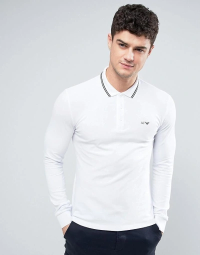 Armani Jeans Long Sleeve Pique Polo Slim Fit Tipped In White - White |  ModeSens