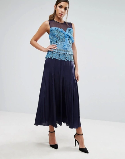 Shop Three Floor Pleated Midi Dress With Contrast Lace Detail - Blue