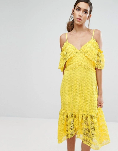 Three Floor Cold Shoulder Midi Lace Dress - Yellow | ModeSens