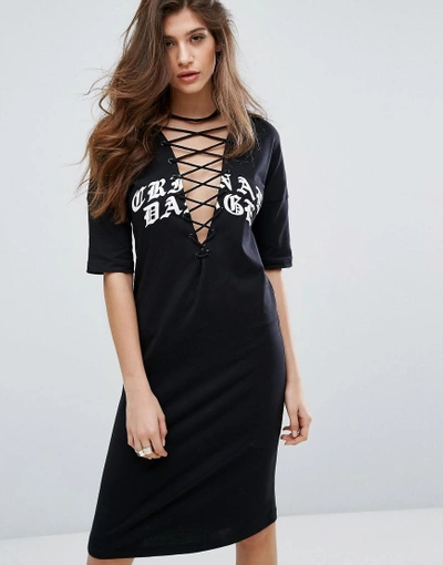 Shop Criminal Damage Lace Up Front T-shirt Dress - Black