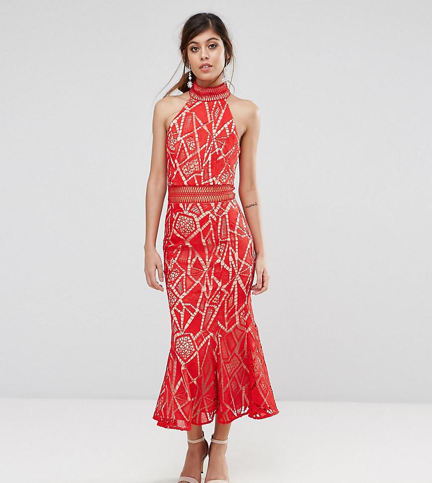 red halter neck midi dress