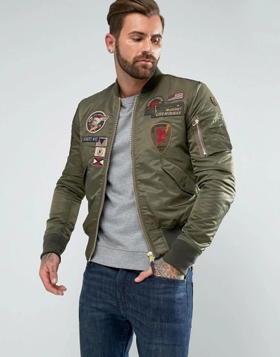 Schott Nylon Badge Bomber Jacket Slim Fit In Green - Green | ModeSens