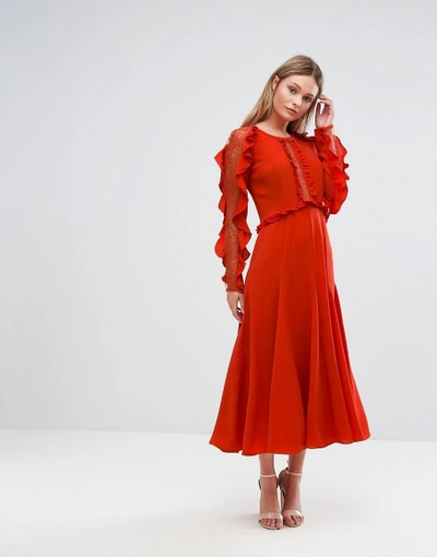 Shop Three Floor Long Sleeved Midi Dress With Frill Detail - Red