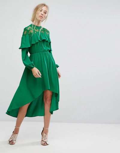 Shop Pearl Lace Panel Ruffle Hi Low Midi Dress - Green