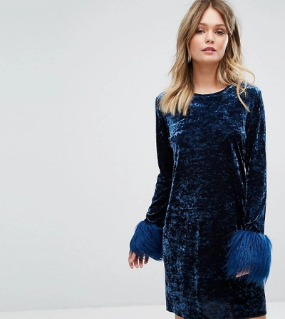Shop Anna Sui Exclusive Crushed Velvet Mini Dress Wih Faux Fur Cuff - Navy