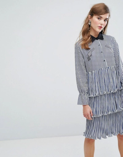Shop Sister Jane Midi Tiered Shirt Dress With Ruffles & Patches In Stripe - Blue