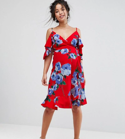 Shop Queen Bee Wrap Front Cold Shoulder Tea Dress In Large Floral Print - Red