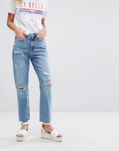 Shop New Look Distressed Mom Jean - Blue
