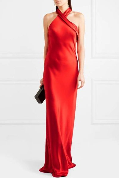 Shop Galvan Silk-satin Halterneck Gown