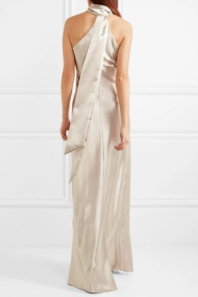 Shop Galvan Satin Halterneck Gown In Platinum