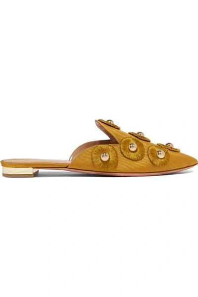Shop Aquazzura Sunflower Embellished Moire Slippers In Gold