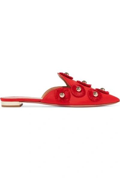 Shop Aquazzura Sunflower Embellished Moire Slippers In Red