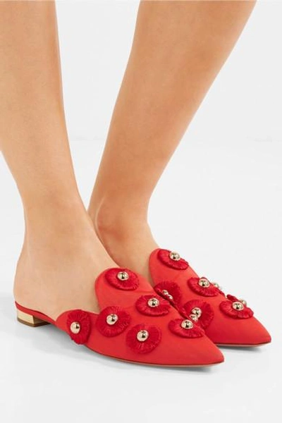 Shop Aquazzura Sunflower Embellished Moire Slippers In Red