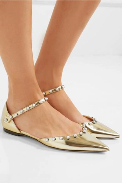 Shop Jimmy Choo Leema Faux Pearl-embellished Mirrored-leather Point-toe Flats In Gold