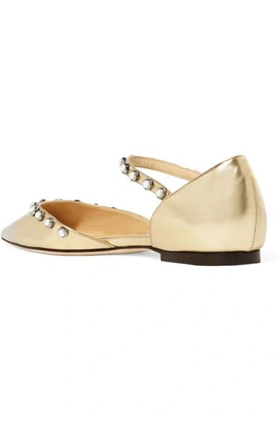 Shop Jimmy Choo Leema Faux Pearl-embellished Mirrored-leather Point-toe Flats In Gold
