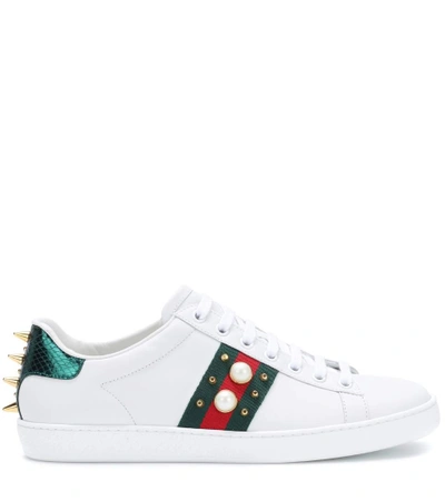 Shop Gucci Ace Embellished Leather Sneakers In White