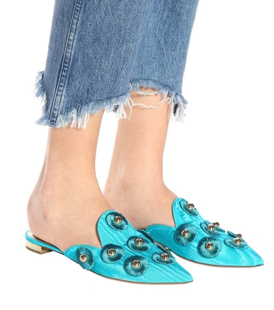 Aquazzura 10mm Sunflower Satin Mules In Turquoise Modesens