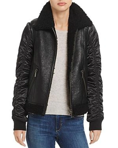 Shop Andrew Marc Tally Shearling Trim Mixed Media Jacket In Black