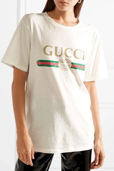 Shop Gucci Appliquéd Distressed Printed Cotton-jersey T-shirt In Cream