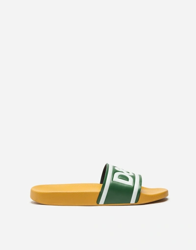 Shop Dolce & Gabbana Slippers In Printed Rubber And Calfskin In Green/yellow