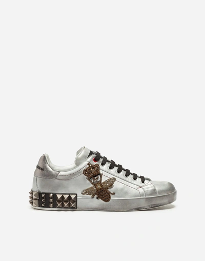 Shop Dolce & Gabbana Portofino Sneakers In Metallic Calfskin With Embroidery In Silver