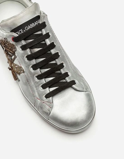 Shop Dolce & Gabbana Portofino Sneakers In Metallic Calfskin With Embroidery In Silver