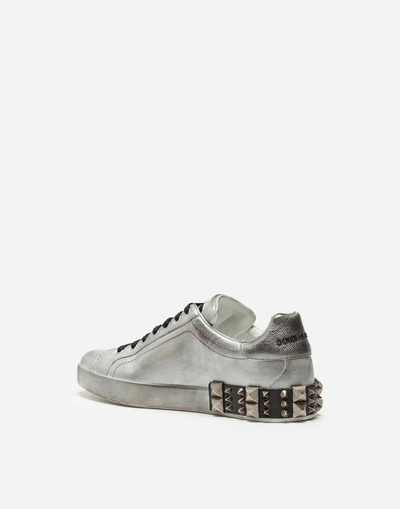 Shop Dolce & Gabbana Portofino Sneakers In Metallic Calfskin With Embroidery In Silver