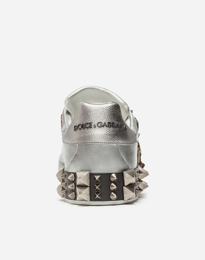 Shop Dolce & Gabbana Portofino Sneakers In Metallic Calfskin With Embroidery In Silver