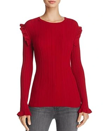 Shop One Grey Day Ruffle-shoulder Ribbed-knit Sweater - 100% Exclusive In Red