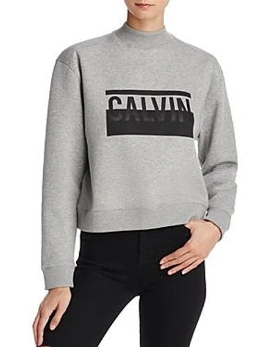 Shop Calvin Klein Jeans Est.1978 Mock Neck Cropped Logo Sweatshirt In Mixed Gray
