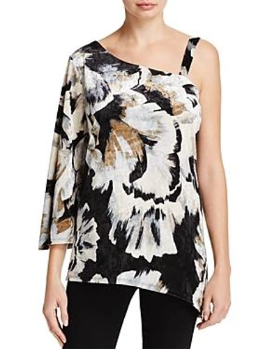 Shop Status By Chenault Asymmetric Floral Print Crushed Velvet Top In Black