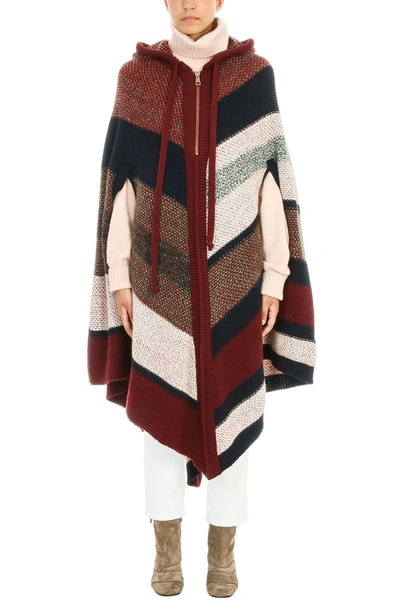 Shop Chloé Knitted Stripe Hooded Poncho In Multicolor