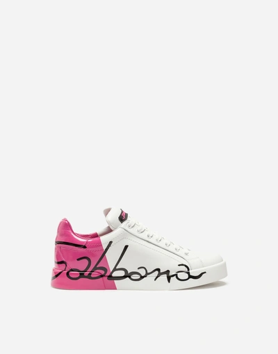 Shop Dolce & Gabbana Leather Portofino Sneakers In White/pink