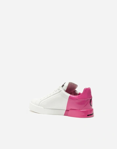 Shop Dolce & Gabbana Leather Portofino Sneakers In White/pink