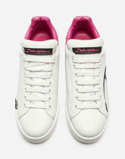 Shop Dolce & Gabbana Leather Portofino Sneakers In White/pink