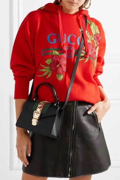 Shop Gucci Sylvie Mini Chain-trimmed Leather And Canvas Shoulder Bag In Black