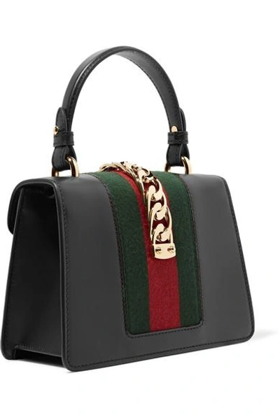 Shop Gucci Sylvie Mini Chain-trimmed Leather And Canvas Shoulder Bag In Black