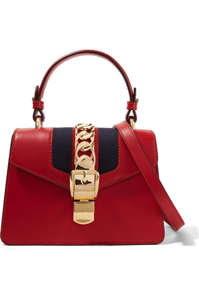 Shop Gucci Sylvie Mini Chain-embellished Leather And Canvas Shoulder Bag In Red