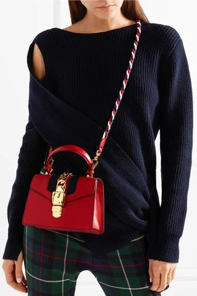 Shop Gucci Sylvie Mini Chain-embellished Leather And Canvas Shoulder Bag In Red