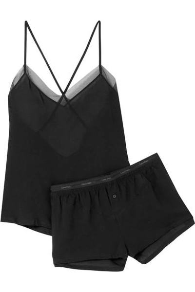 Shop Calvin Klein Underwear Endearment Tulle-trimmed Textured-voile Pajama Set In Black