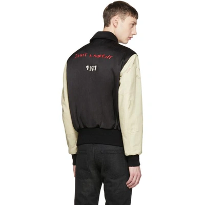 Shop Saint Laurent Black And Beige Embroidered Teddy Bomber Jacket In 1000 Black