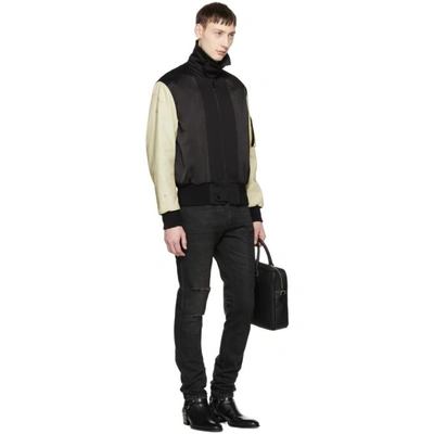 Shop Saint Laurent Black And Beige Embroidered Teddy Bomber Jacket In 1000 Black