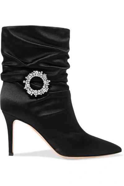 Shop Gianvito Rossi Mae 85 Embellished Ruched Satin Ankle Boots In Black